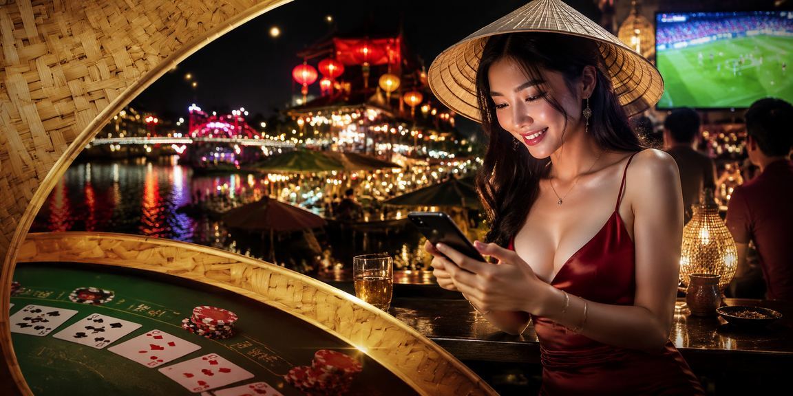 Cảnh chơi baccarat live casino tại Hà Nội với biểu tượng nón lá Việt Nam trên bàn cược