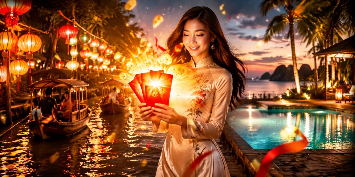 Phong bì đỏ may mắn và tiền thưởng tại chợ đêm Mekong